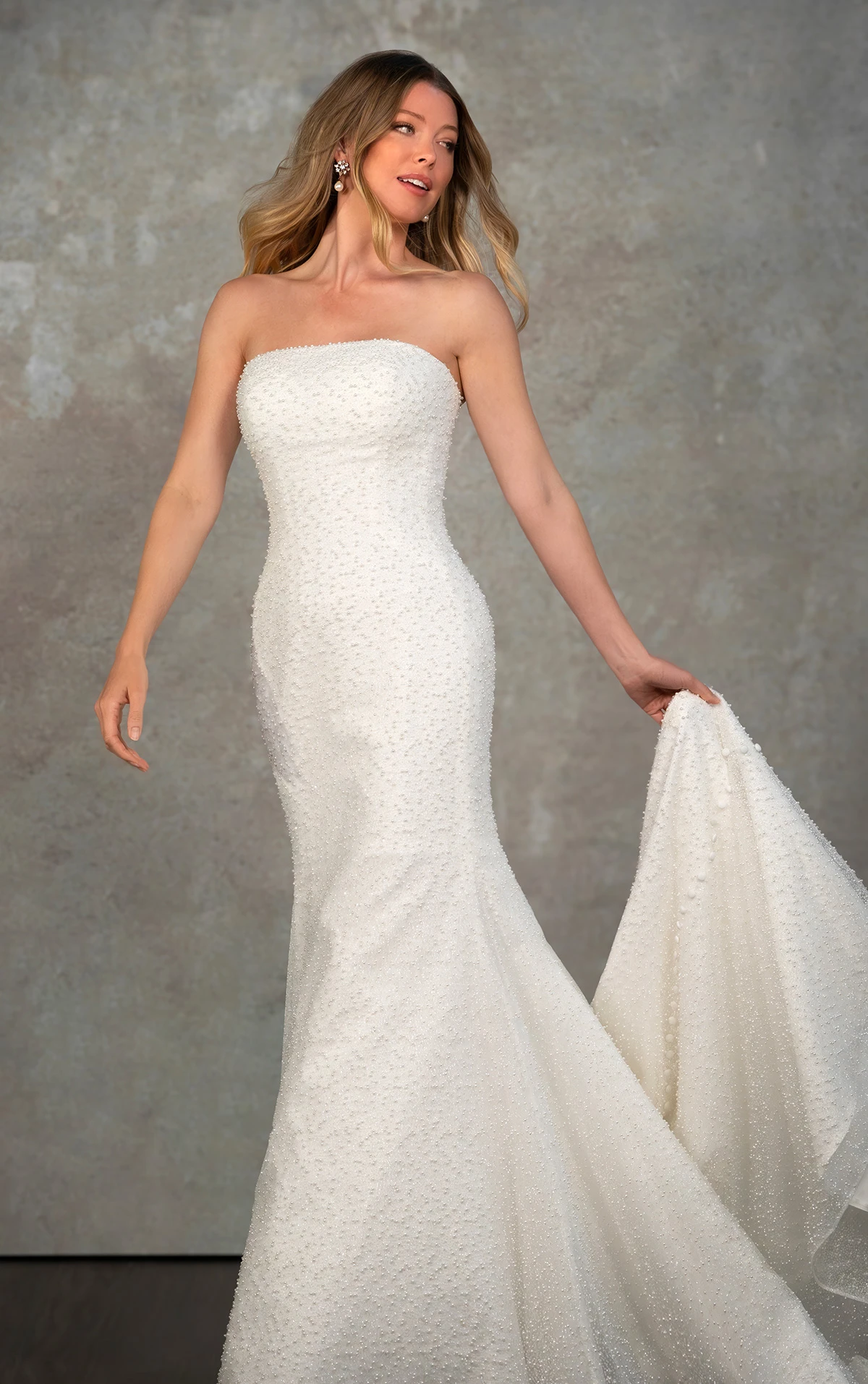 Essense of Australia D4182 Romantic Strapless Pearl Fit-and-Flare - Fit-and-flare wedding dress with pearl-embellished tulle