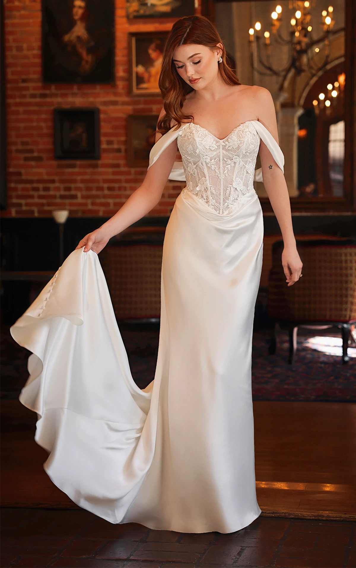 Essense of Australia D4303 Off-the-Shoulder Charmeuse Column - Column wedding dress with luxe charmeuse and sheer lace corset bodice
